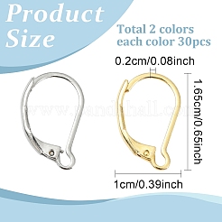 60個 2色 304ステンレススチール フレンチフックピアス金具  本金メッキ&ステンレススチールカラー  16.5x10x2mm  ピン：1mm  30個/カラー&nbsp;STAS-YW0002-69
