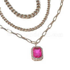 3Pcs Elegant Alloy Fuchsia Rhinestone Rectangle Pendant 3 Layer Necklaces Sets&nbsp;QV2693-1