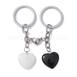 Natural Black Stone & Natural White Jade Heart Keychains&nbsp;KEYC-JKC00548