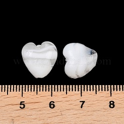手作りランプワークビーズ  ストライプのある心  ホワイト  12~13x12~13x8~8.5mm  穴：1.6~1.8mm&nbsp;LAMP-K047-01B
