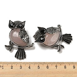 天然石ローズクォーツペンダント  アンティークシルバーメッキのフクロウチャームとブラックガラス  45x33.5x19mm  穴：8x9.5mm&nbsp;X-G-H308-01AS-02