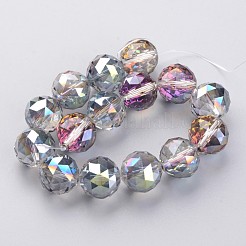 電気メッキガラスビーズ連売り  半分メッキ  多面カット  ラウンド  メッキグリーン  15.5mm  穴：2mm  約15個/連  8.6インチ（22cm）&nbsp;EGLA-J140-HP01-16mm