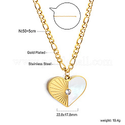 304 Stainless Steel & Natural White Shell Heart Pendant Necklaces with Crystal Rhinestone for Women&nbsp;WGBBEC6-04
