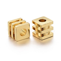 真鍮製スペーサービーズ  長持ちメッキ  溝付きキューブ  ゴールドカラー  4x4x4mm  穴：1.8mm&nbsp;KK-K249-02D-G