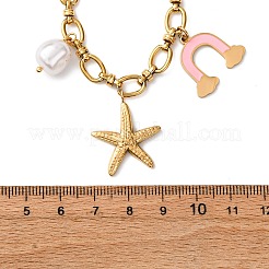 304 Stainless Steel Starfish Dolphin Shell Pink Enamel Rainbow Pendant Necklaces for Women&nbsp;NJEW-F346-01G