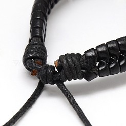 トレンディなユニセックスカジュアルスタイルの模造革と革のブレスレット  ワックスコード付き  ブラック  58mm&nbsp;BJEW-L302-01