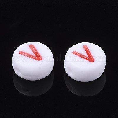 初期のアクリルビーズ  水平穴  フラットラウンド  ミックスカラー  文字.v  7x3.5~4mm  穴：1.2mm  約3700個/500g&nbsp;OACR-E001-20V-1
