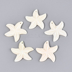 天然淡水貝の彫刻ペンダント  ヒトデのチャーム  貝殻色  31.5~33x32~34.5x3~4mm  穴：1.6mm