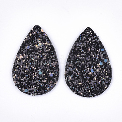 PUレザービッグペンダント  キラキラスパンコール/ペイレット付き  ティアドロップ  ブラック  57.5x37x2.5mm  穴：1.8mm&nbsp;X-FIND-S300-48A