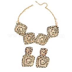 ヒョウ柄スクエアスパイラルジオメトリ合金イヤリング＆ネックレスセット（女性用）  ゴールドカラー  ネックレス：15.75インチ（40cm）&nbsp;FS-WGA43E4-01