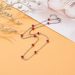 304ステンレススチールアズキチェーンネックレス  エナメルビーズ  ステンレス鋼色  インディアンレッド  17.3インチ（44cm）&nbsp;NJEW-JN03629-05
