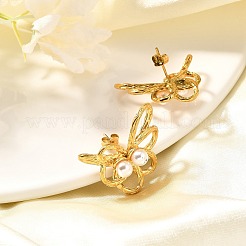 304ステンレススチールスタッドピアス  シェルパール付き  18KGP本金メッキ  花  21x27mm&nbsp;LS-EJEW-A123-01C-G