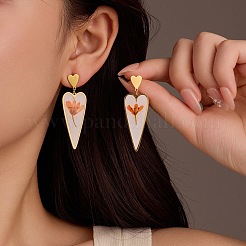 Heart with Flower Pattern Stainless Steel Dangle Stud Earrings&nbsp;EJEW-D303-02G