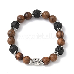 Natural Wood & Lava Rock Round Beads Stretch Bracelets&nbsp;BJEW-JB12353-03