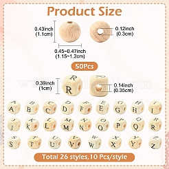 310個 27種類のプリント天然木ビーズ  水平穴  頭文字と丸が付いた立方体  a～zの文字  10~12x10~12x10~11mm  穴：3~3.5mm&nbsp;WOOD-YW0001-84