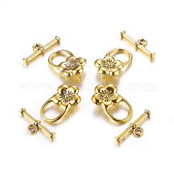 チベットスタイルの花マンテル  カドミウムフリー＆鉛フリー  アンティーク黄金  花：22x14x6mm  穴：2mm  バー：20x7x3mm  穴：2mm  約340 / 1000 Gにセッティング&nbsp;LS-TIBE-2119-AG-RS