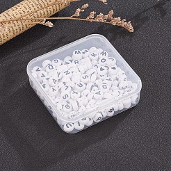 200個2スタイルの白いアクリルエナメルビーズ  水平穴  ブラックレター＆ハートのフラットラウンド  7x4mm  穴：1.3mm&nbsp;SACR-YW0001-04