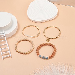 4 個 4 スタイル天然木 & クォーツ (染色) & シェルパールストレッチブレスレット  304ステンレススチールヨガシンボルチャームスタッカブルブレスレットレディース用  内径：2-1/8~2-3/8インチ（5.35~5.9cm）  1個/スタイル&nbsp;BJEW-JB08822