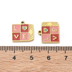バレンタインデー 304ステンレススチールエナメルペンダント  ワード愛の正方形  ラインストーン付き  18KGP本金メッキ  13x13x2mm  穴：1.2mm&nbsp;STAS-B142-01G