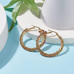 ガラス編みの大きなフープピアス  女性用ゴールデン 304 ステンレス ワイヤー ラップ イヤリング  ミックスカラー  39x2.5mm  ピン：0.6mm&nbsp;EJEW-JE04907