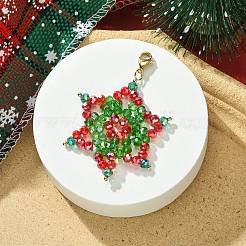 クリスマススノーフレーク電気メッキガラスビーズ織りペンダント装飾  304ステンレススチールのロブスタークロウ留め金付き  カラフル  60mm  スノーフレーク：45x50mm&nbsp;HJEW-JM00952