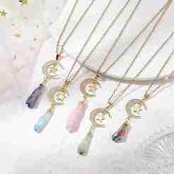 Electroplated Natural Quartz Crystal with Moon and Star Pendant Necklaces&nbsp;NJEW-JN04686