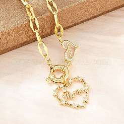 Mother's Day Brass Pave Clear Cubic Zirconia Mama Heart Pendant Necklaces&nbsp;NJEW-A071-04G
