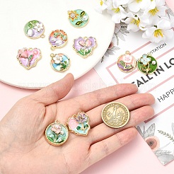 10個 10スタイル ラックメッキ合金ラインストーンエナメルペンダント  ABSの模造パールと  花  ゴールドカラー  23~25x19.5~24.5x5~8mm  穴：1.8~2.2mm  1個/スタイル&nbsp;ENAM-YW0008-30