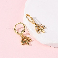 Brass Micro Pave Clear Cubic Zirconia Tree Hoop Earrings&nbsp;EJEW-K267-26G
