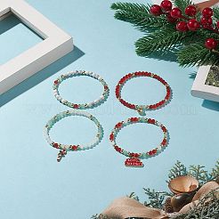 4 個 4 スタイル天然 & 合成混合宝石ストレッチ ブレスレット セット  ワードメリークリスマス合金エナメル&真鍮ベルチャームスタッカブルブレスレット女性用  内径：2-1/4インチ（5.6cm）  1個/スタイル&nbsp;BJEW-JB09212