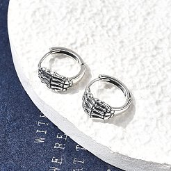925スターリングシルバーフープピアス  スケルトンの手  アンティークシルバー  11.5x12.5x7mm&nbsp;EJEW-Z133-02AS