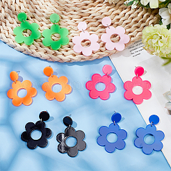 6ペア6色フラワーアクリルダングルスタッドピアス、スチール鉄ピン付き女性用  ミックスカラー  55x37mm  1ペア/カラー&nbsp;EJEW-AN0004-03