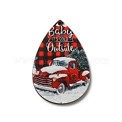片面プリントウッドビッグペンダント  クリスマスティアドロップチャーム  レッド  54x36.5x2.4mm  穴：2mm&nbsp;WOOD-H102-03K