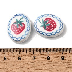 手描きの楕円形磁器ビーズ  イチゴ柄のセラミックビーズ  レッド  21.5x17x7.5mm  穴：2.4mm&nbsp;PR-CBA03B0-01D