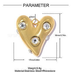 304ステンレススチールラインストーンペンダント  ハートチャーム  イオンプレーティング（ip）  18KGP本金メッキ  19x17mm  穴：2mm&nbsp;STAS-OY018-19G