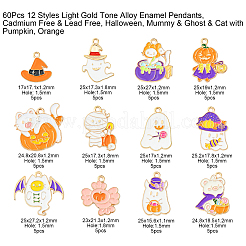 60スタイルのライトゴールドトーン合金エナメルペンダント12個。  カドミウムフリー＆鉛フリー  ハロウィン  ミイラとおばけと猫とカボチャ  オレンジ  17~25x17~27x1~2mm  穴：1.8mm  5個/スタイル&nbsp;ENAM-CJ0003-99