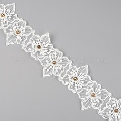 ライトゴールデンブラウンビーズのオーガンジーリボン  花刺繍レーストリムリボン  ホワイト  2-1/2インチ（63mm）  15ヤード/カード&nbsp;FW-TAC0003-04