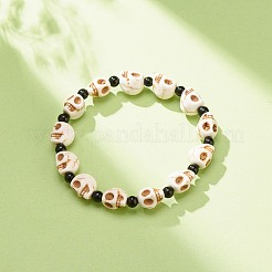 Natural Mashan Jade Skull & Synthetic Turquoise(Dyed) Beaded Stretch Bracelet&nbsp;BJEW-JB08377-01