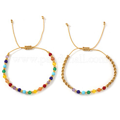 2Pcs 2 Styles Natural Mixed Gemstone & Glass & Brass Round Beads Braided Bead Bracelets&nbsp;PH4377-6