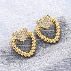 Heart Brass Micro Pave Clear Cubic Zirconia Stud Earrings&nbsp;EJEW-R025-09G