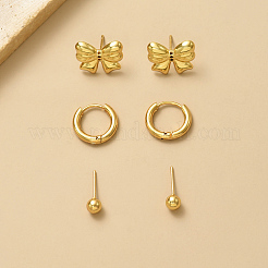 3ペアの甘い蝶結び真鍮ピアスセット  ゴールドカラー  5~12x16mm&nbsp;LE1434