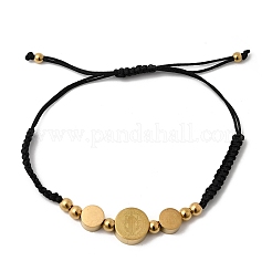 Adjustable 304 Stainless Steel Flat Round with Saint Benedict Braided Bead Bracelets for Women&nbsp;BJEW-K295-03G-02