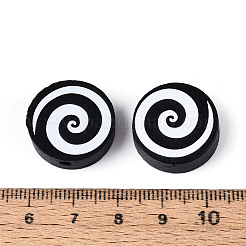 スプレー塗装されたシマウッドビーズ  印刷されたビーズ  フラットラウンド  ブラック  19.5~20x6.5~7mm  穴：2mm&nbsp;WOOD-T032-45B