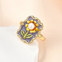 Flower Pattern Brass Enamel & Natural Freshwater Pearl Open Cuff Rings for Women&nbsp;RJEW-G342-01G-01