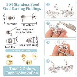 40個 2スタイル 304ステンレススチール ボールポストスタッドピアス金具  ループと316サージカルステンレススチールピンと40個のピアスキャッチ付き  ゴールデン·ステンレス鋼色  15x7x4mm  穴：1.8mm  ピン：0.7mm  10個/スタイル&nbsp;STAS-SC0005-25