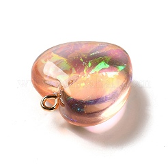 透明樹脂ペンダント  ハートチャーム  金箔と金色の鉄のループ  ピンク  23.5~24x22x11~12mm  穴：2mm&nbsp;RESI-F035-02B