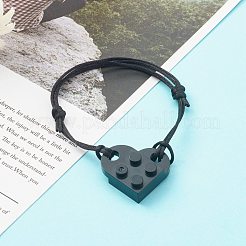 樹脂製ビルディングブロックリンクブレスレット  調節可能なナイロンコード付き  ハート  ブラック  内径：1-3/4~3-1/4インチ（4.6~8.3cm）&nbsp;BJEW-JB06339-06