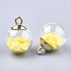 ガラスボールペンダント  ポリマークレイとCCBのプラスチックパーツ  ラウンド  ゴールドカラー  きいろ  21x15.5~16mm  穴：2mm&nbsp;X-GLAA-T003-01D