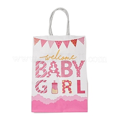女の子のベビーシャワー用、持ち手付きのプリント入り紙製ギフトバッグ  長方形  ピンク  8x14.8x21cm&nbsp;CARB-F014-01B
