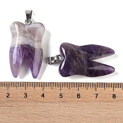 天然石アメジストペンダント  ステンレススチールカラーの歯チャーム、ステンレススチール製の金具  39.5~40x19~19.5x8~8.5mm  穴：3.5x6.5mm&nbsp;G-G115-01I